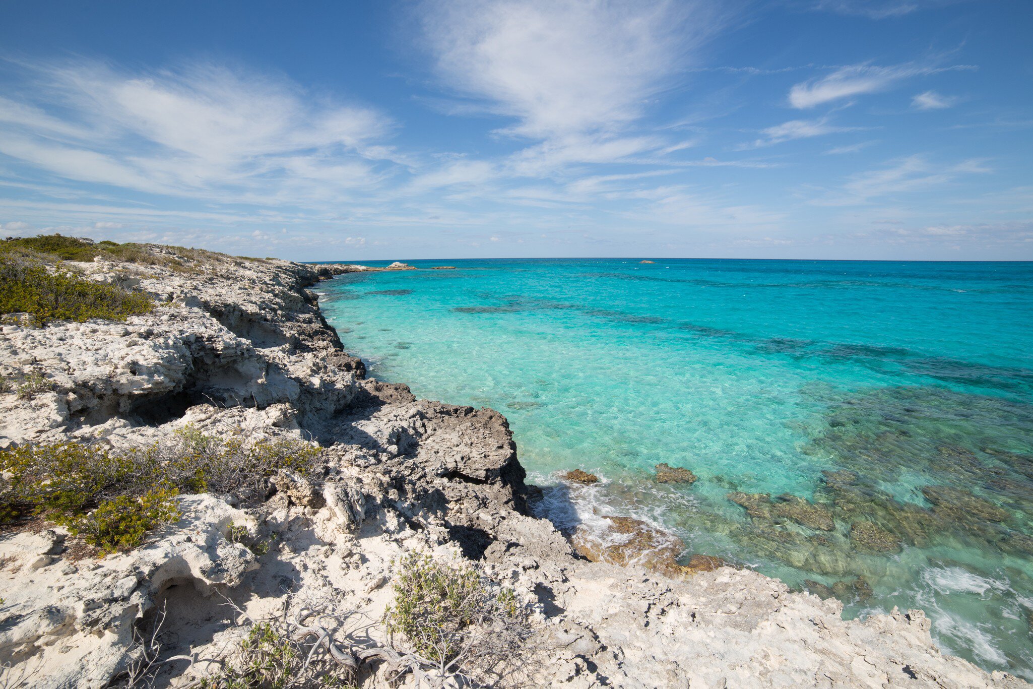 A low eroded limestone shoreline with scrub, dropping to brilliant turquoise shallows patched with dark reef.
