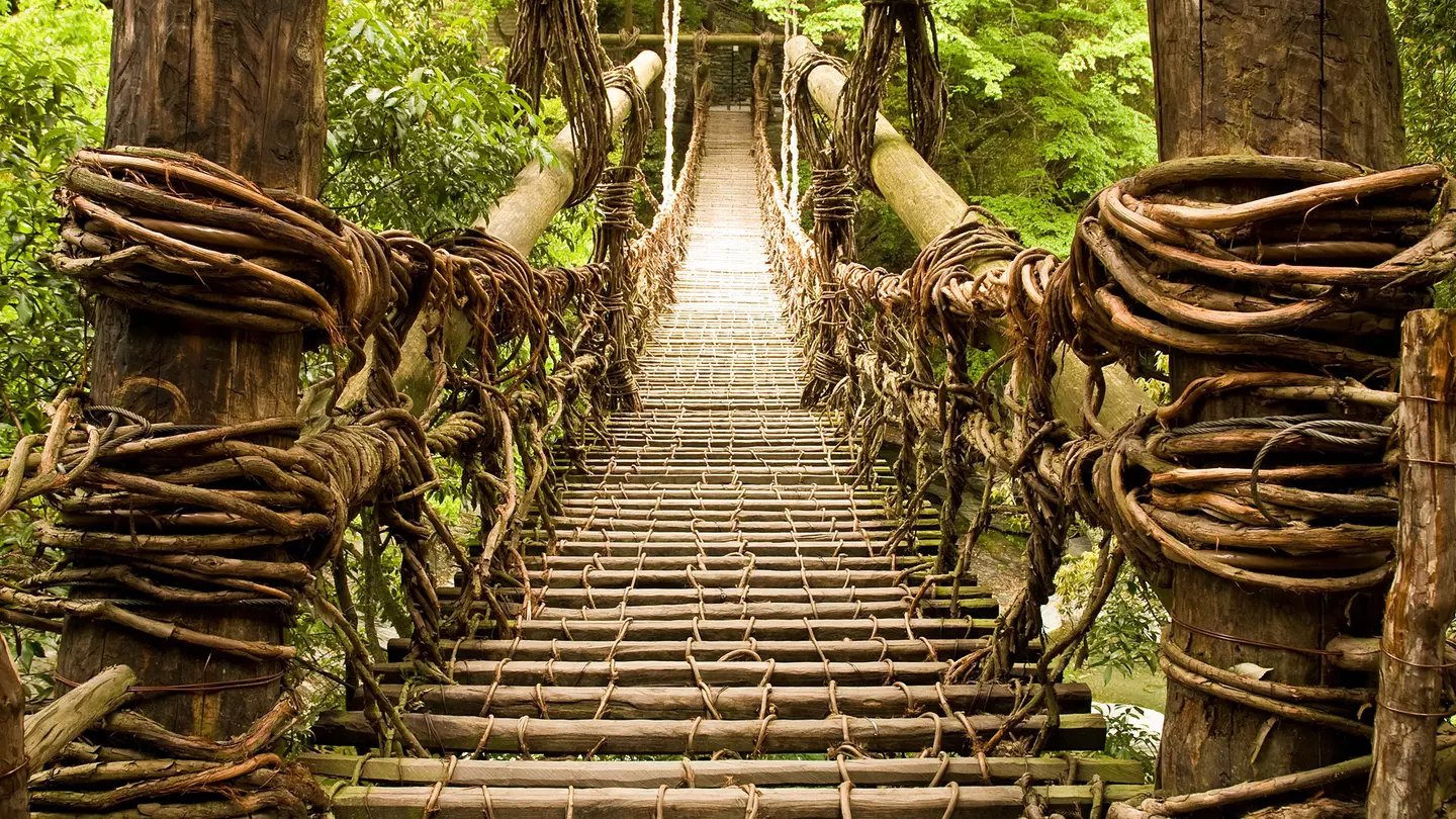 The Kazura bridge made of vines spans a river tumbling over stones in a dense forest in the Iya Valley that inspired Studio Ghibli's Princes Mononoke. stockstudioX / Getty Images