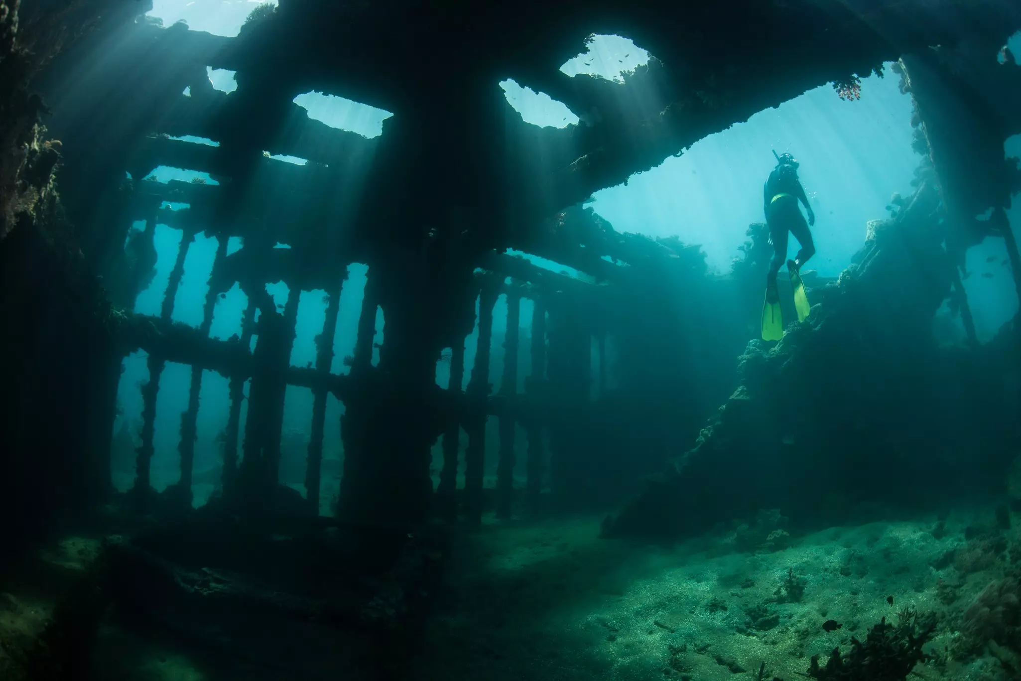 A freediver among the struts of a wrecked ship