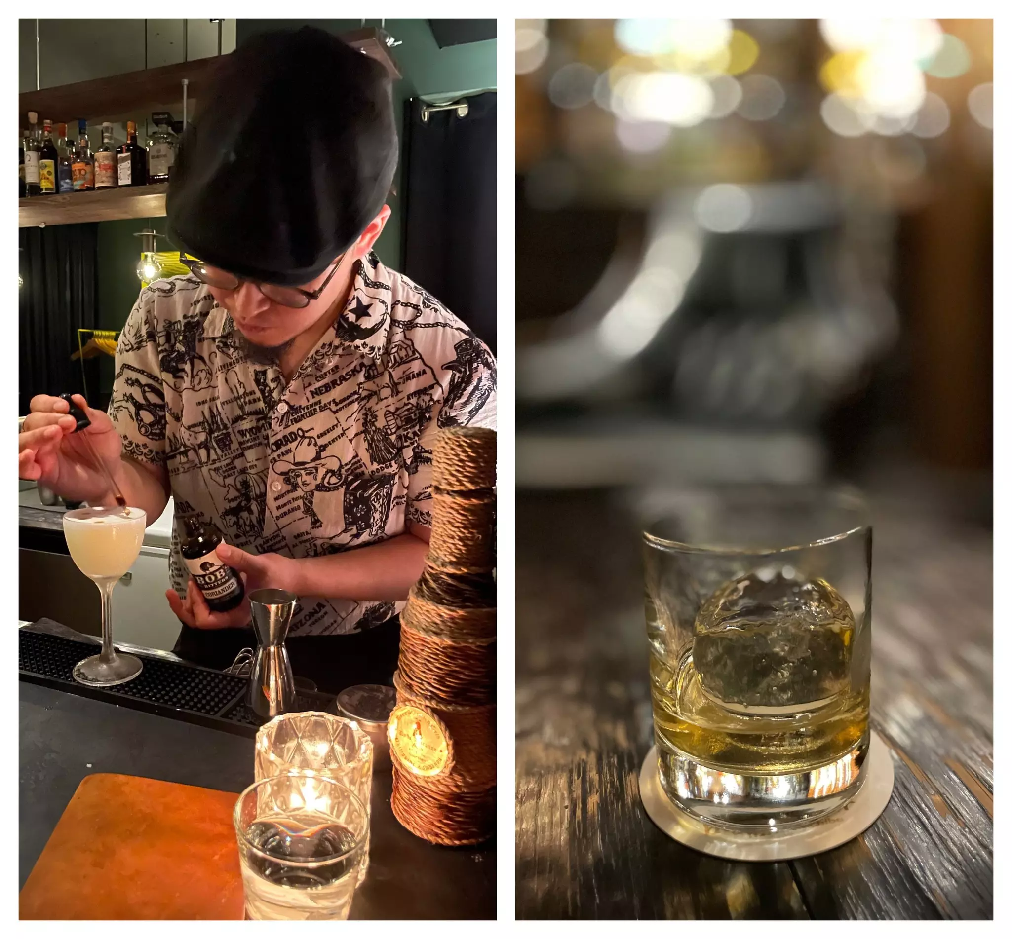 Left: a bartender mixes a cocktail. Right: a glass of whisky with one large cube of ice