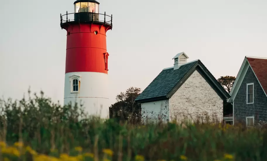 A red and white light house towers over a field of yellow flowers next to two small shingle covered buildings.