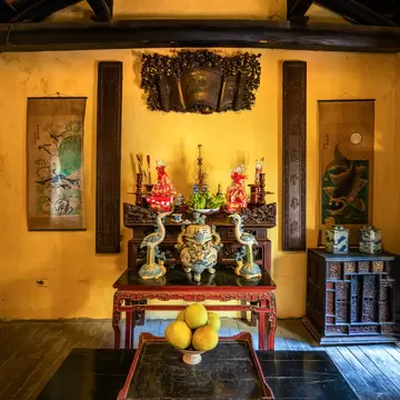 The colorful interior of the Ma May Street old house in Hanoi, Vietnam.