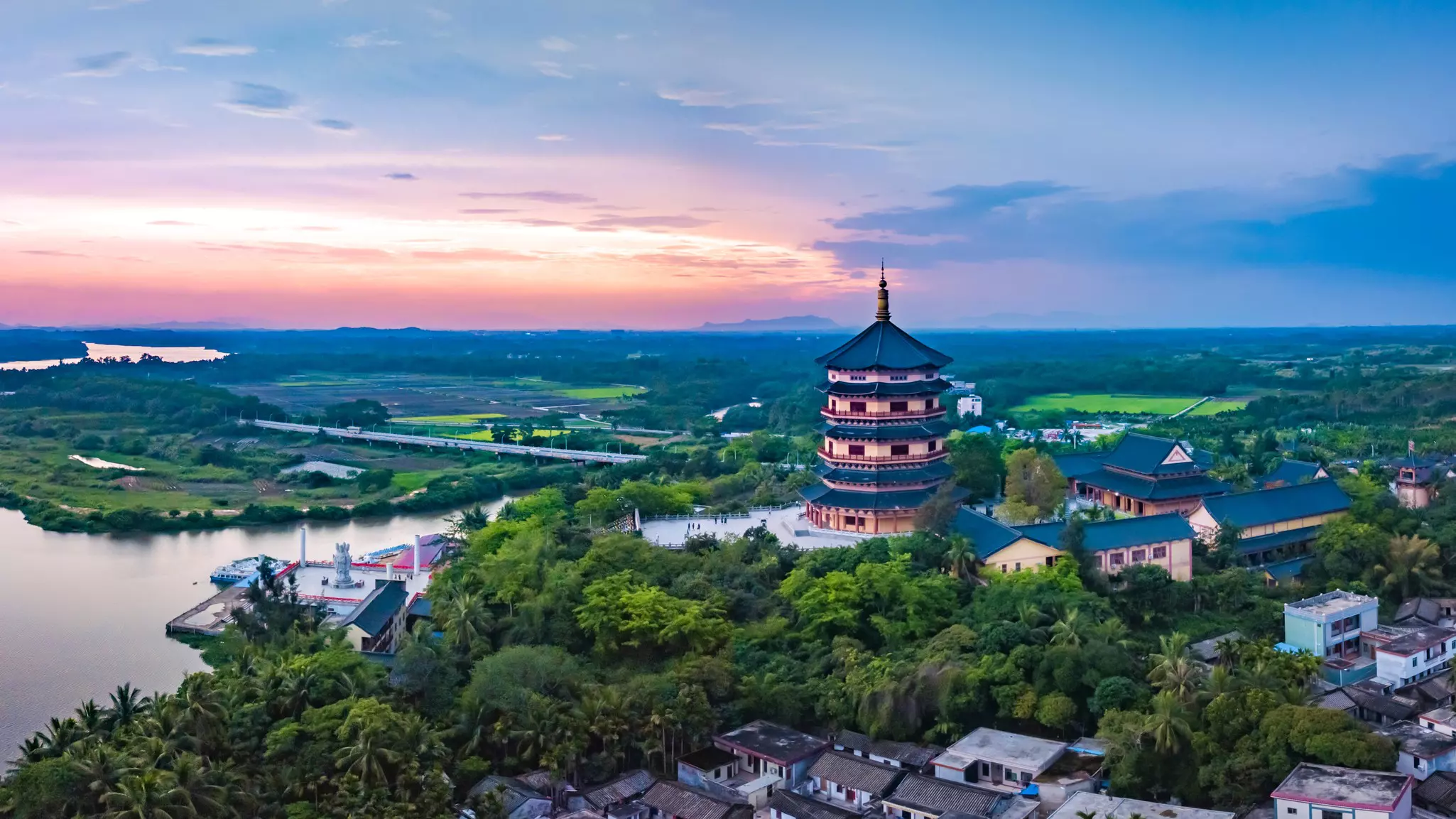 Hazy light over the Bo'ao Temple, a Buddhist shrine in Bo'ao in Hainan, China.