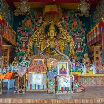 In the main temple of the Buddhist monastery Kopan, Kathmandu, Nepal.