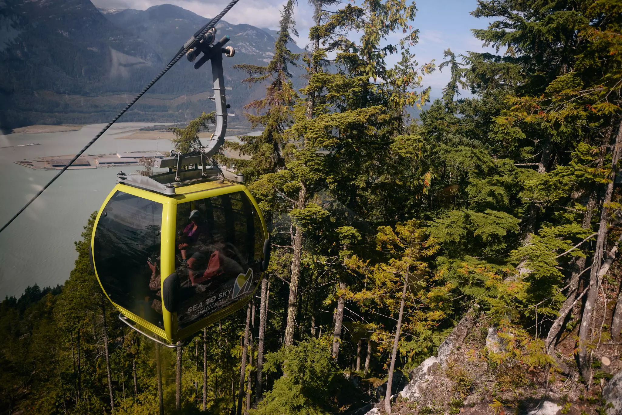 The Sea to Sky Gondola passes pine forests in British Columbia, Canada. 