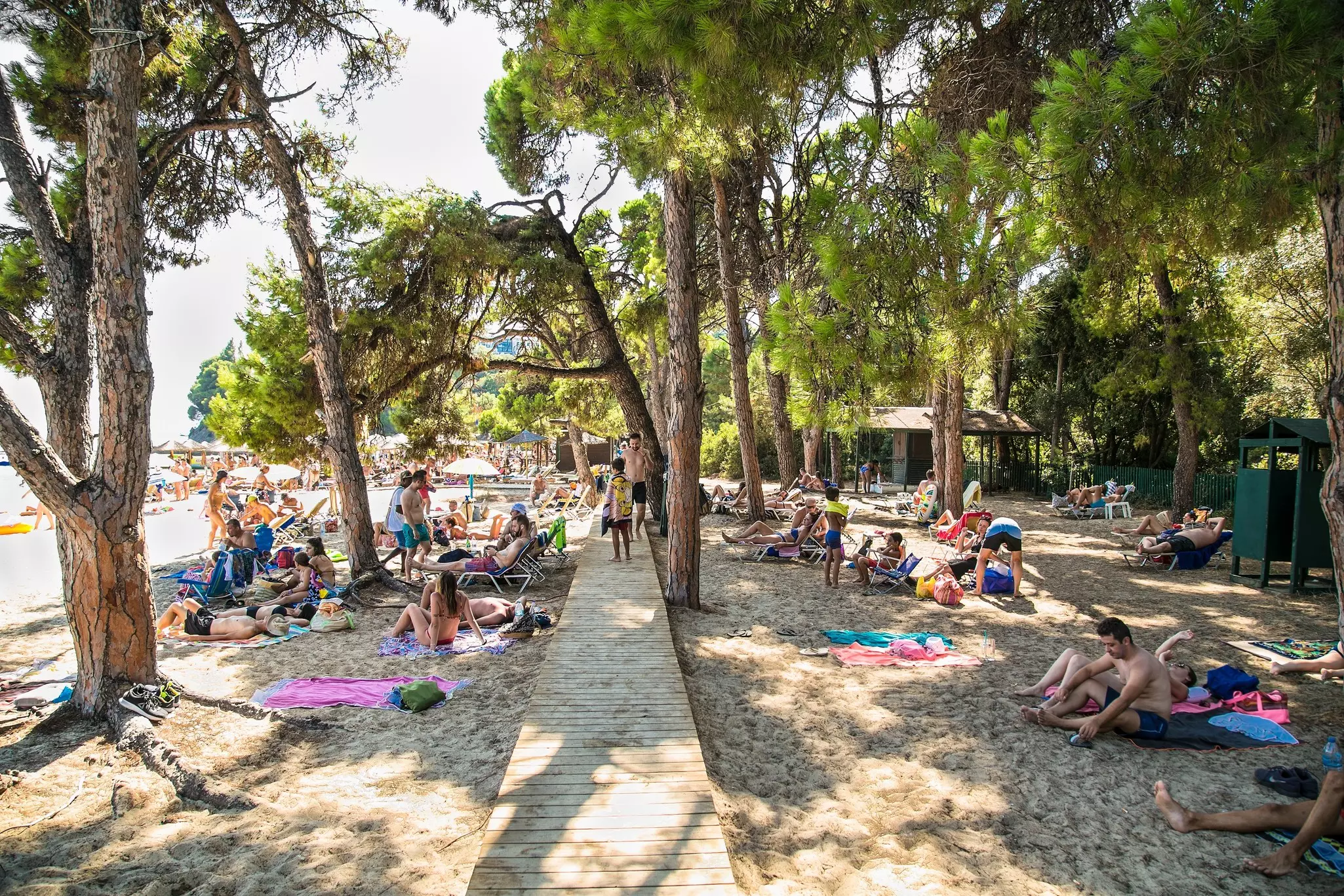 A wooden walkway cuts a beach in half with people sunbathing on either side.