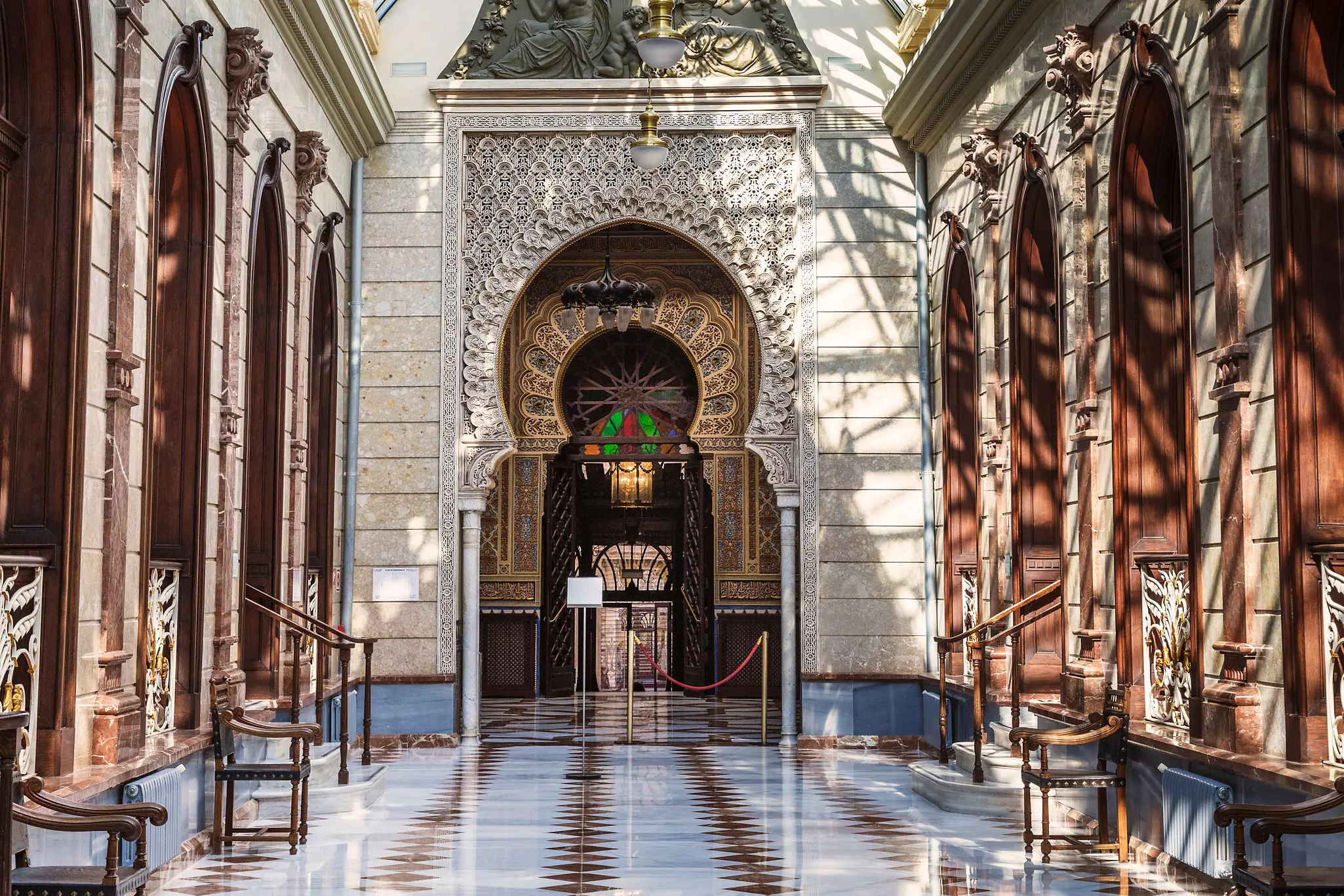 The Central Gallery and an arched passage to the inner Arabian Courtyard at Real Casino, Murcia city.