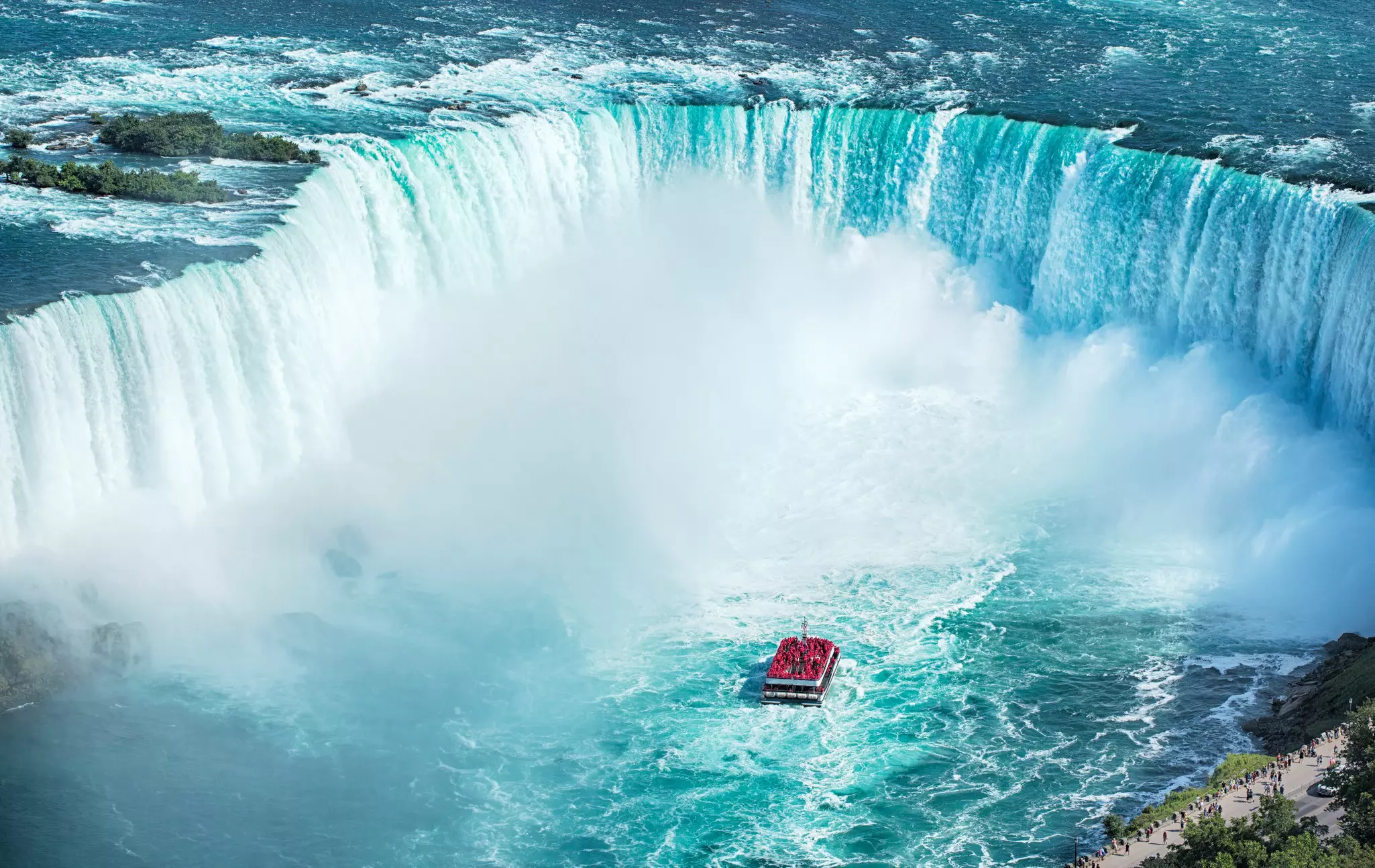 Aerial view of a red-top boat in Niagara Falls