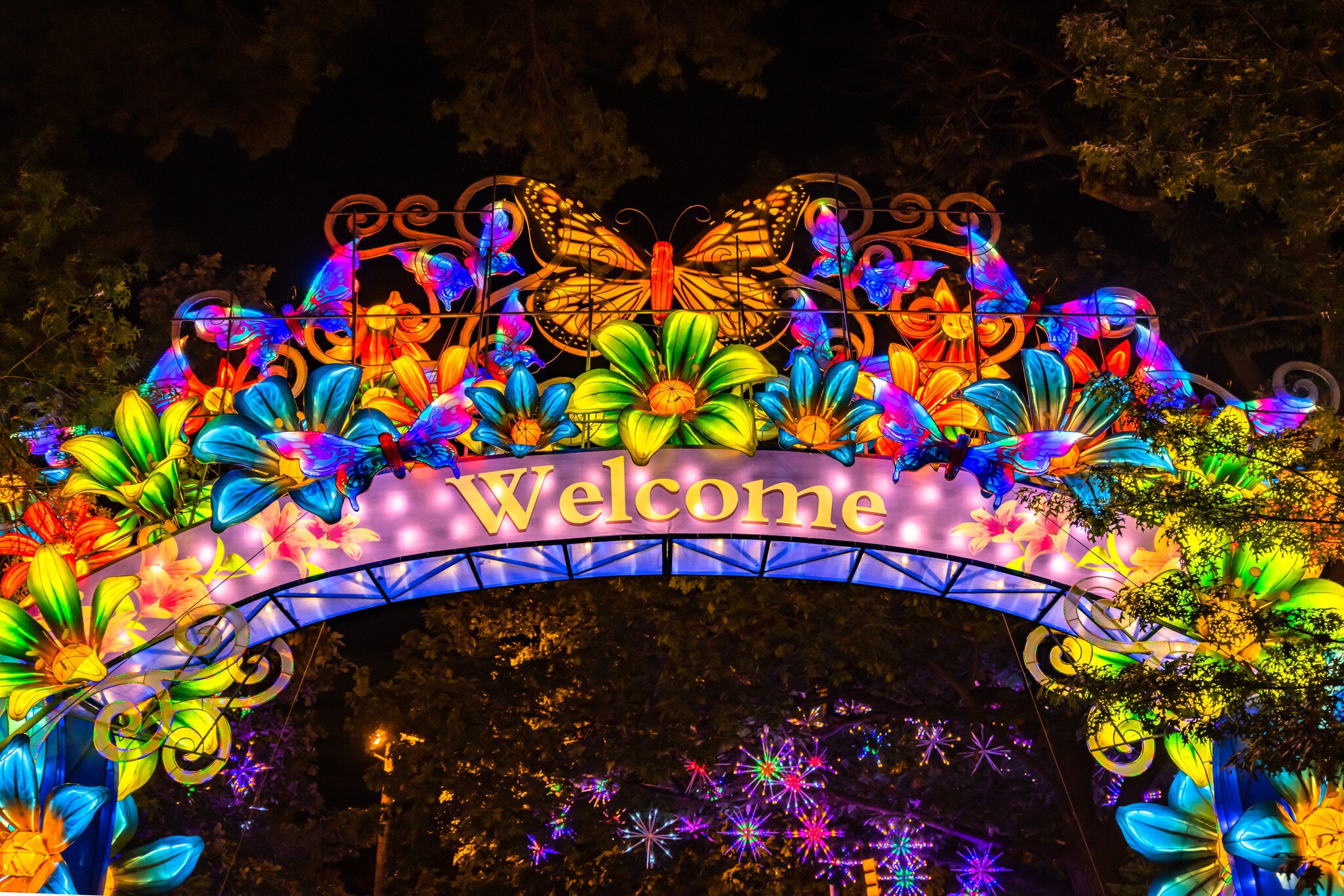 An arch of butterflies and flowers made from Chinese lanterns at Franklin Park Zoo's Boston Lights, Boston