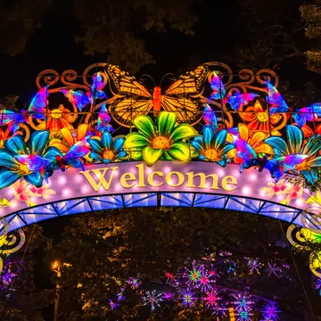 An arch of butterflies and flowers made from Chinese lanterns at Franklin Park Zoo's Boston Lights, Boston
