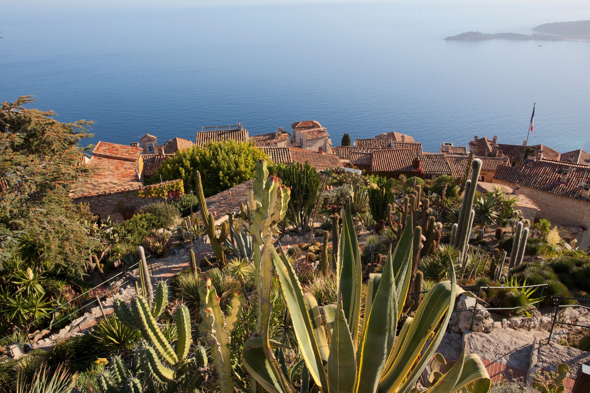 View of the sea and village from the Jardin Exotique d'Èze near Nice, France, with cacti in the foreground.