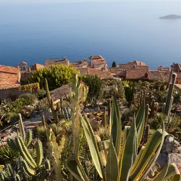 View of the sea and village from the Jardin Exotique d'Èze near Nice, France, with cacti in the foreground.