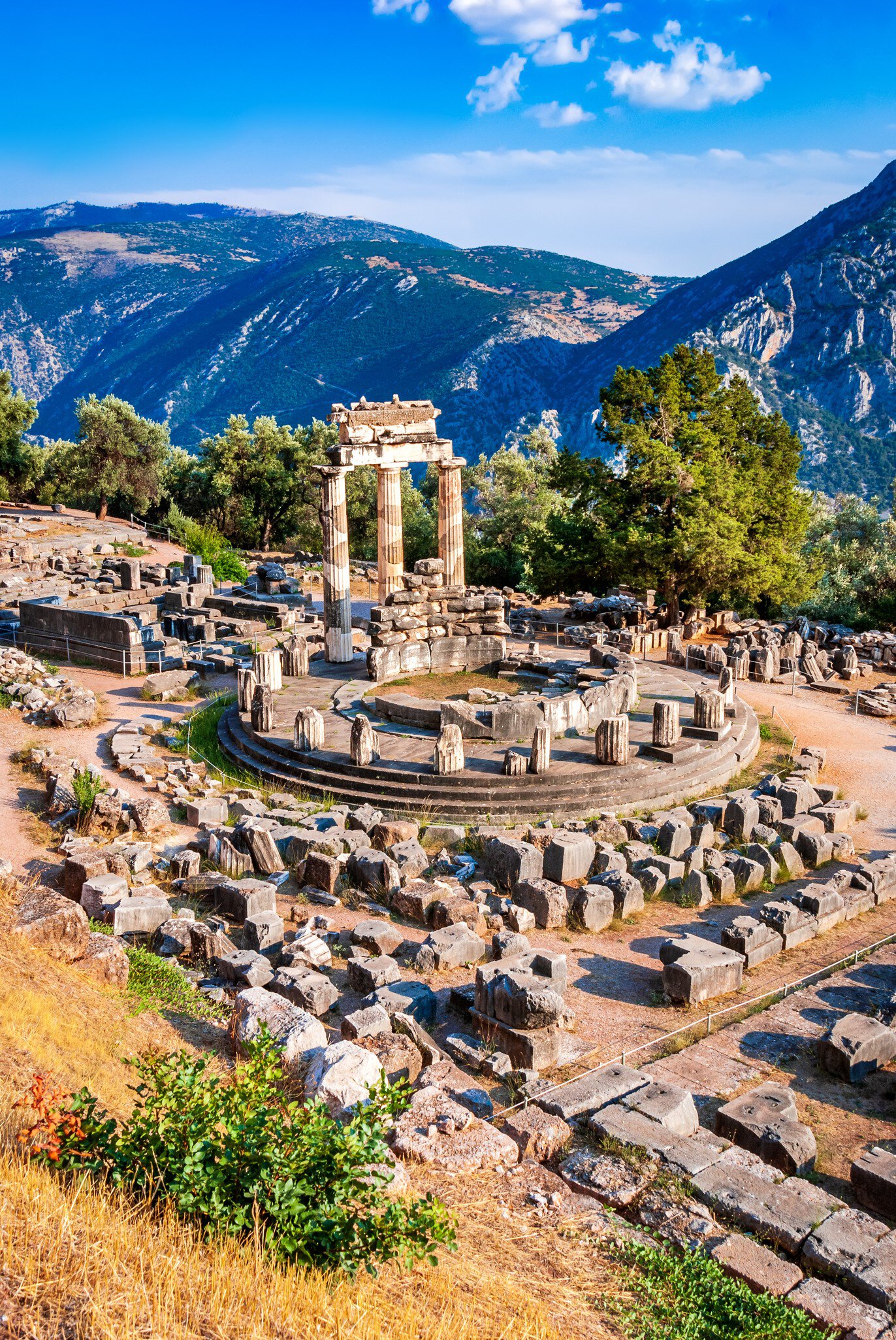 View of the ruins of the Sanctuary of Athena Pronaia in Delphi, Greece.