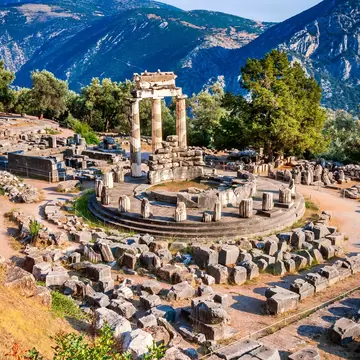 View of the ruins of the Sanctuary of Athena Pronaia in Delphi, Greece.