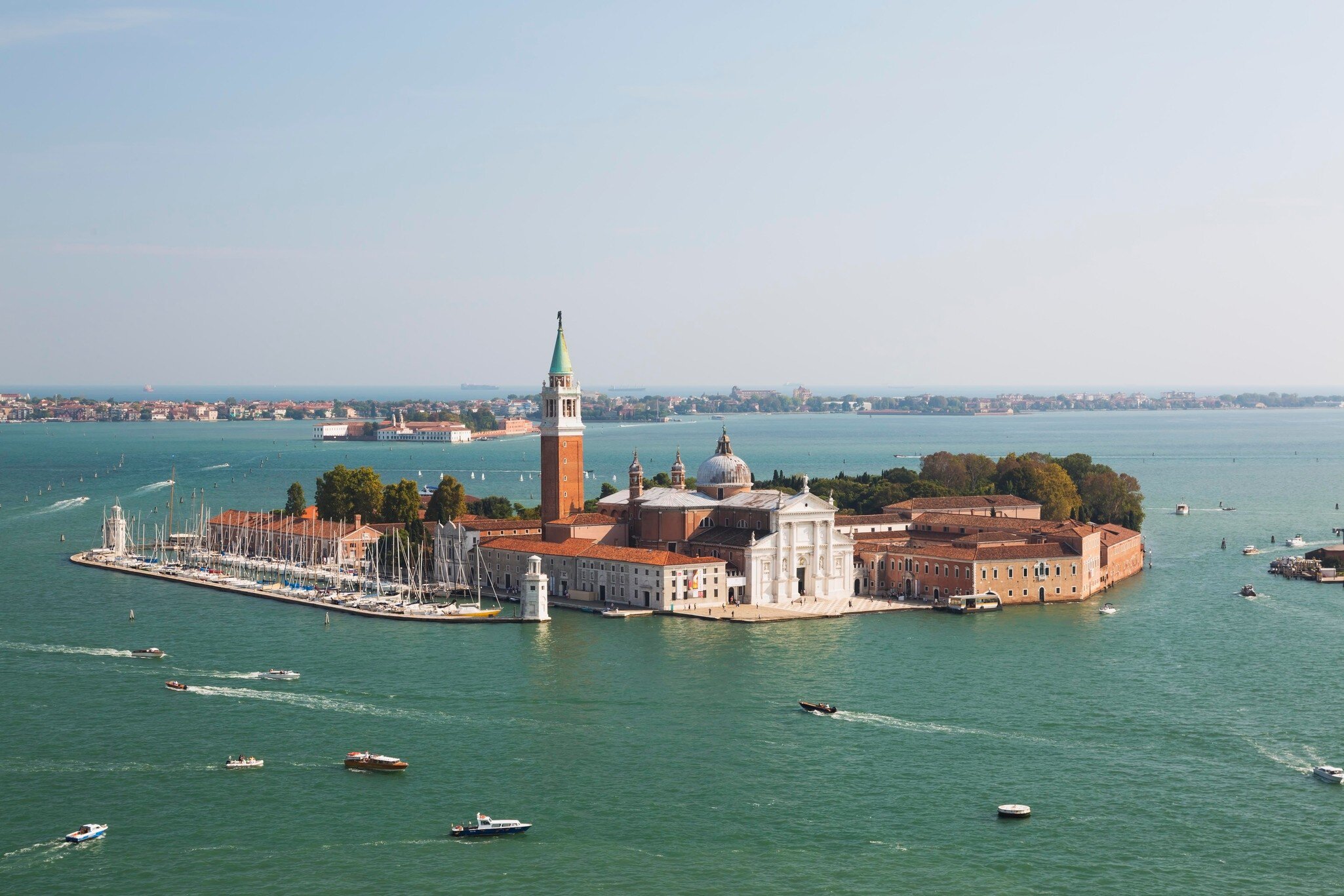 Aerial view of the Benedictine church of San Giorgio Maggiore on Isola di San Giorgio Maggiore in the Venetian lagoon in Italy.