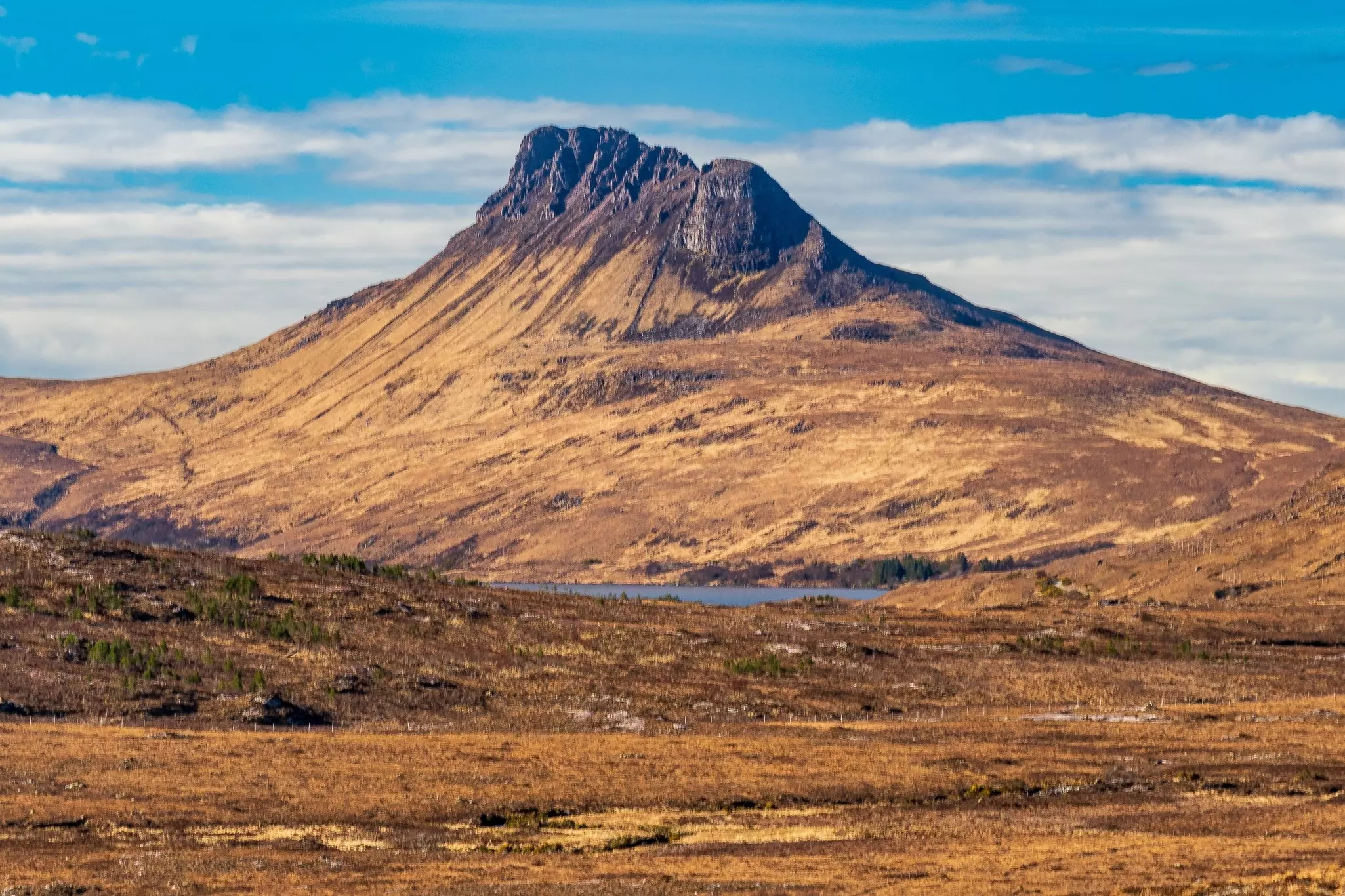 A view of the heather-covered slopes of Stac Pollaidh, Ullapool, Scotland.