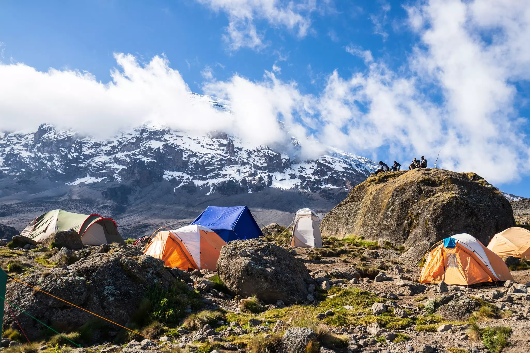 Karanga Camp in Mt. Kilimanjaro, with ice-capped mountains in the distance