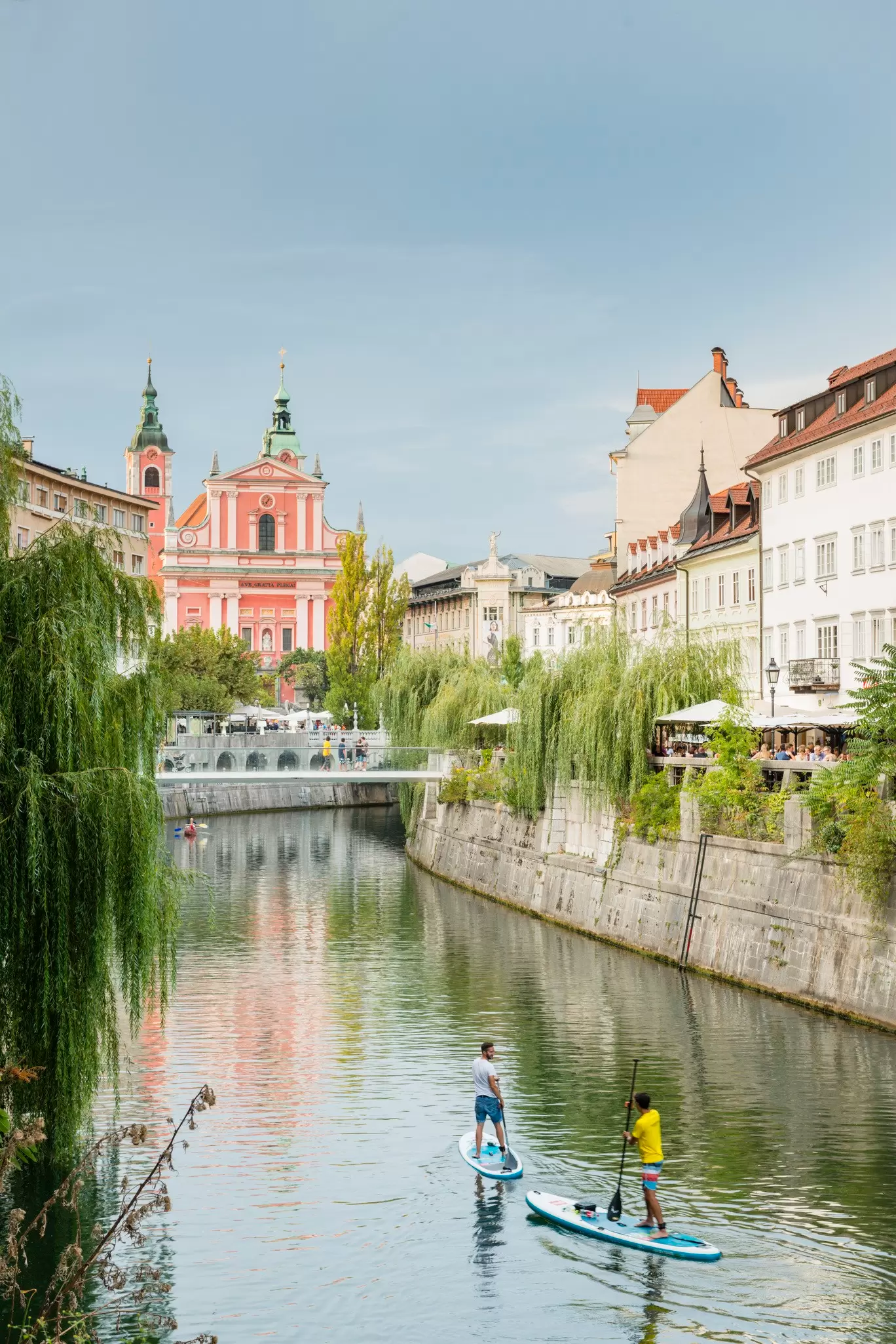 People on paddleboards on a river running through a city; weeping willows hang from the shore into the water, and a pink building is at a bend in the river.