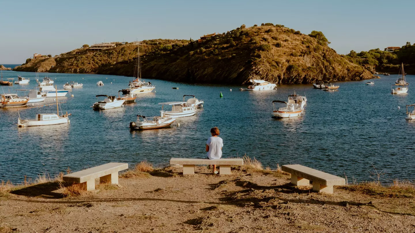 A person sits on a bench by a harbor with boats.