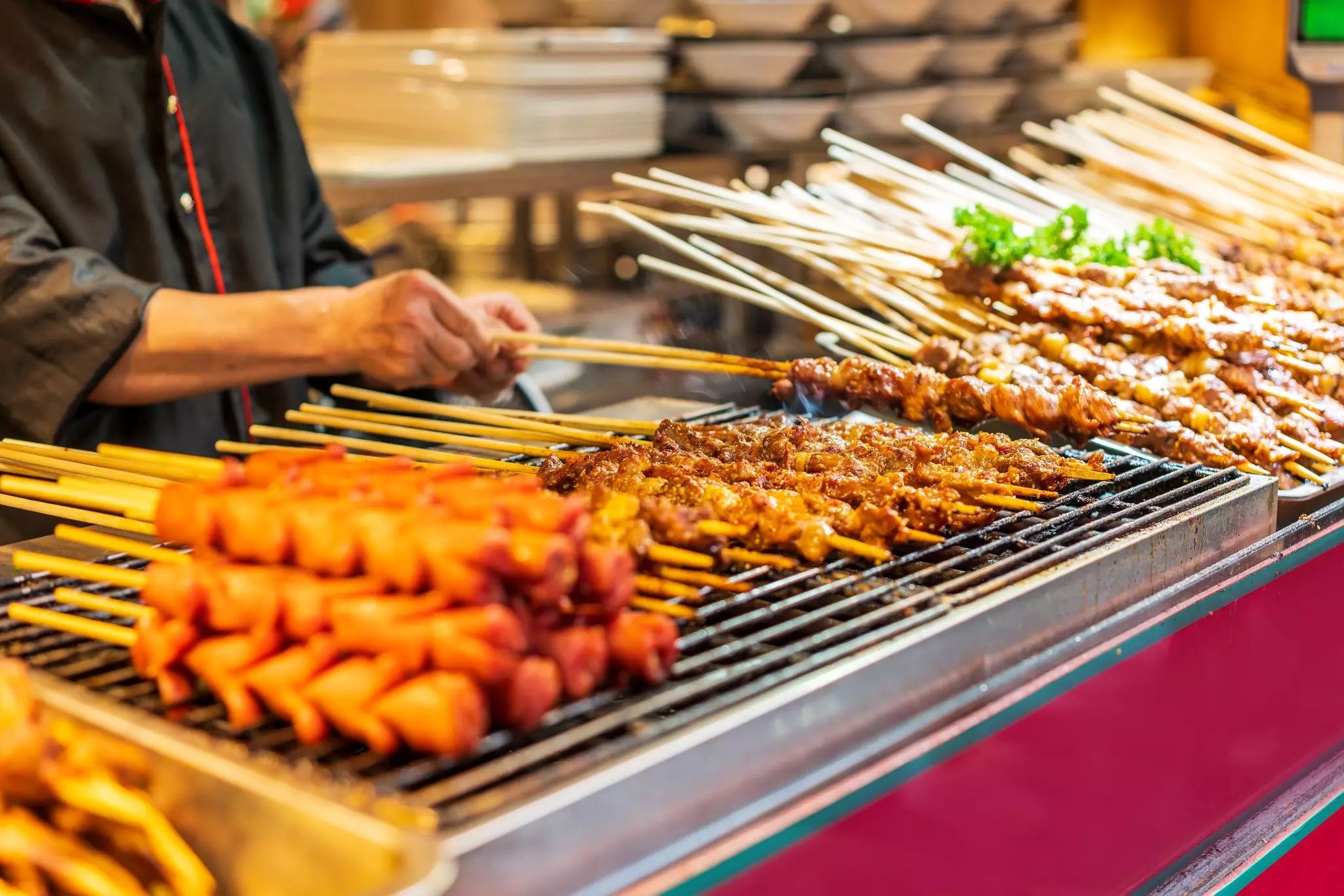 Street food skewers on sale in a Chengdu market, China.