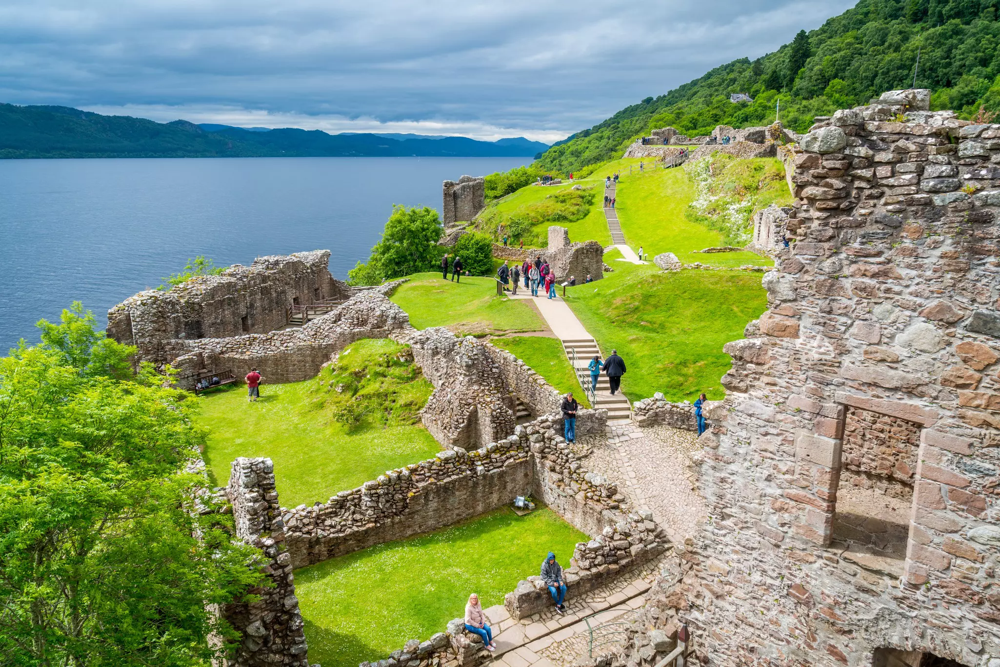 Urquhart Castle and Loch Ness in the Scottish Highlands.