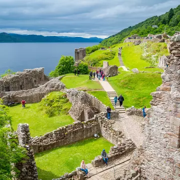 Urquhart Castle and Loch Ness in the Scottish Highlands.