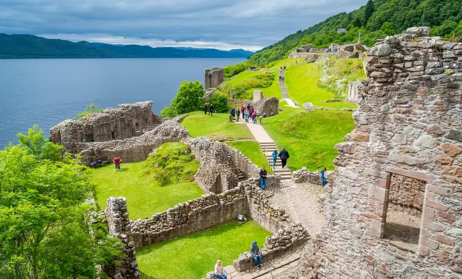 Urquhart Castle and Loch Ness in the Scottish Highlands.