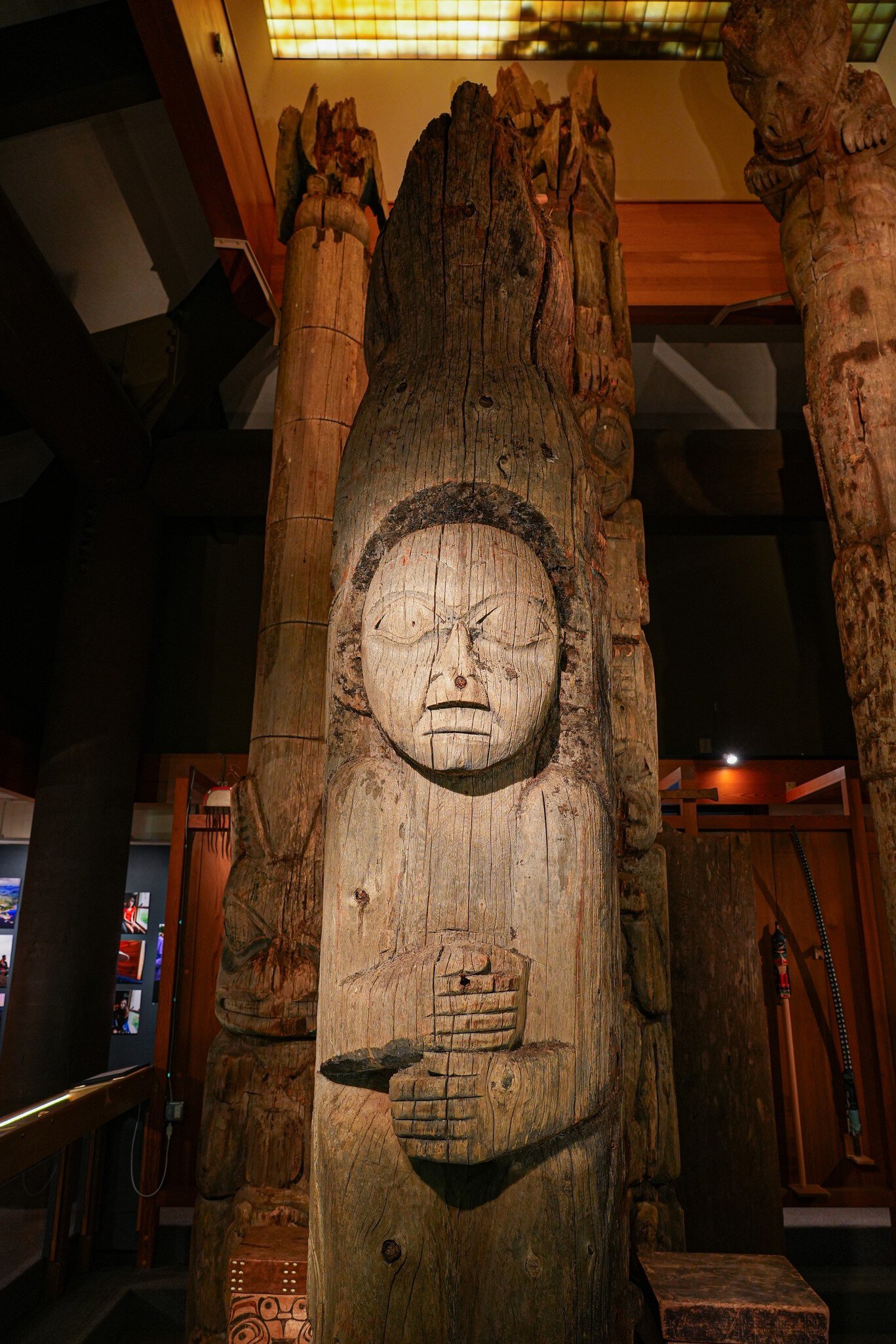 Ketchikan, Alaska - August 26, 2023 : Old preserved Kasaan of the Haida Nation with a human native face exhibited in the Totem Heritage Center in Ketchikan, Alaska, USA  License Type: media  Download Time: 2024-02-14T02:18:01.000Z  User: FergalCo  Is Editorial: Yes  purchase_order:   