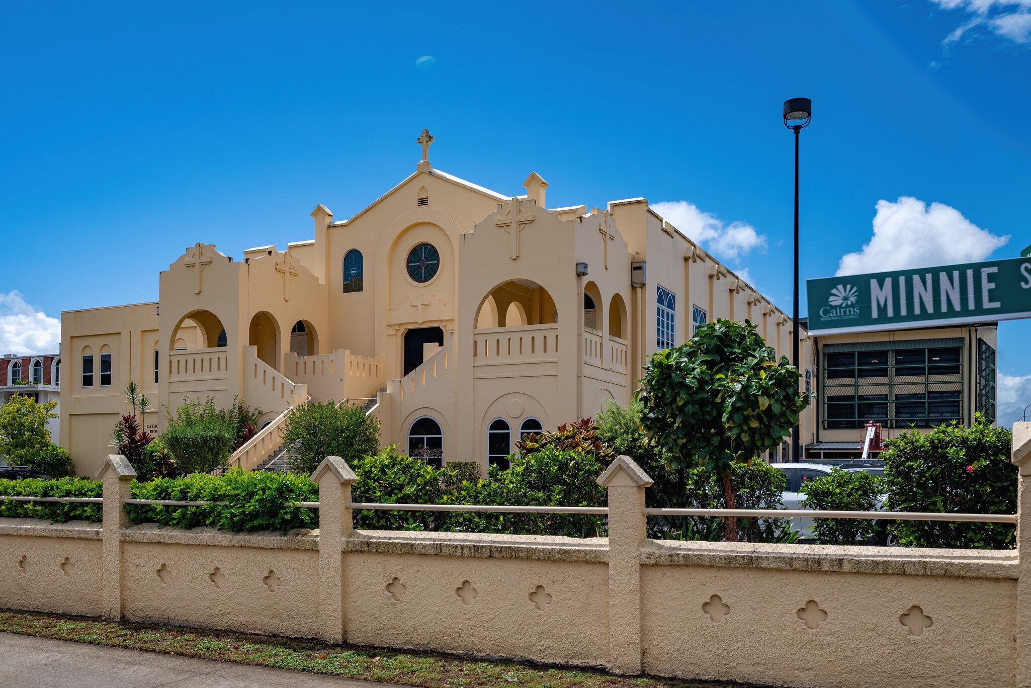 Cairns, Queensland, Australia. Facade of the St Monica's Old Cathedral, an imposing heritage former catholic church that operated from 1927 to 1968.