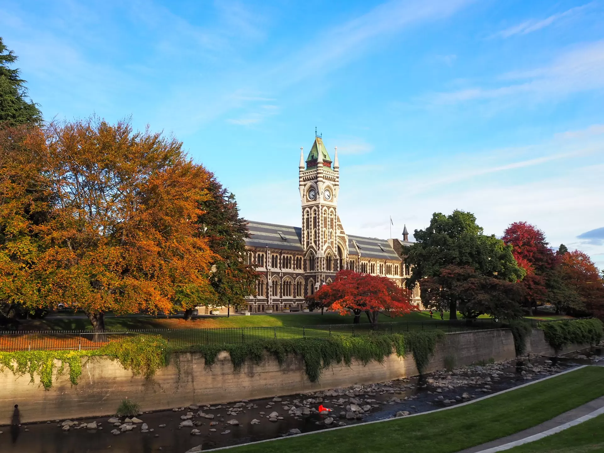 View of The University of Otago in Dunedin in autumn with fall colors