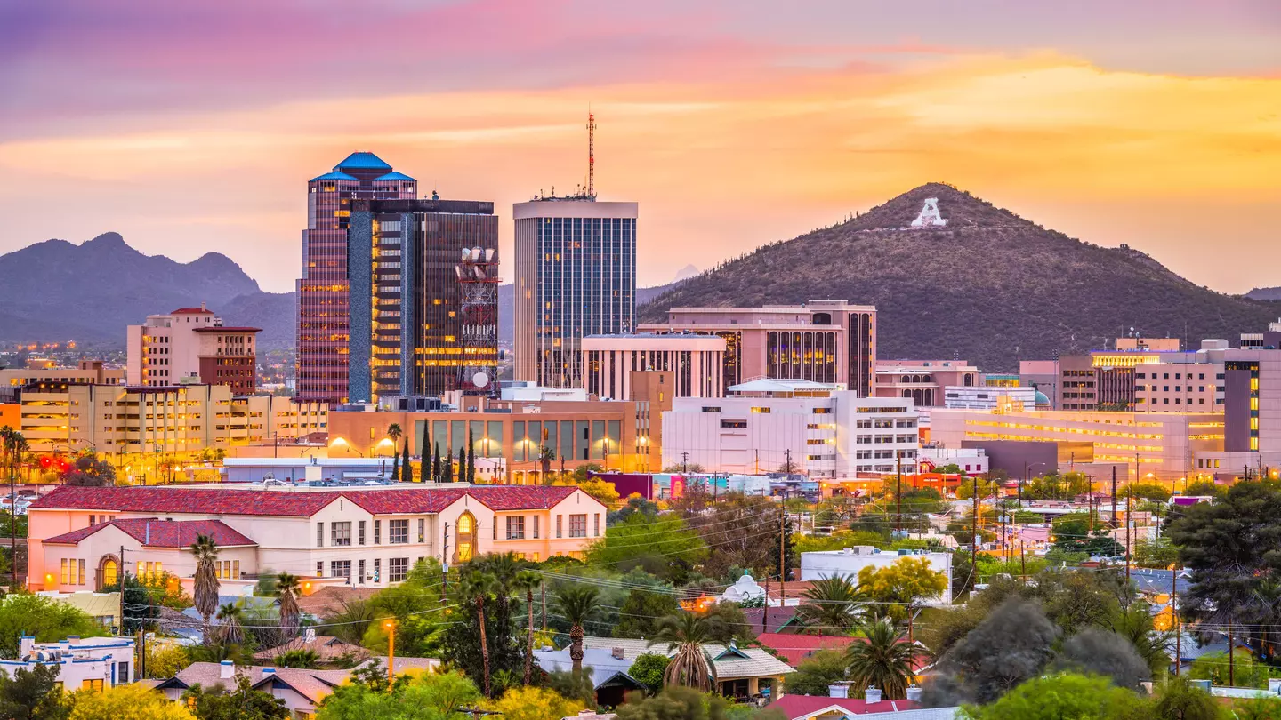 Tucson, Arizona, downtown skyline with Sentinel Peak at dusk.