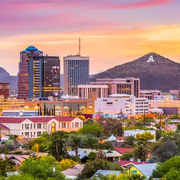 Tucson, Arizona, downtown skyline with Sentinel Peak at dusk.