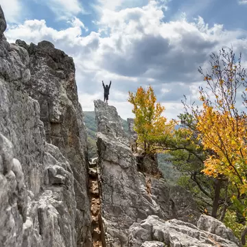 Climber standing on top of Seneca Rocks with his hands in the air.