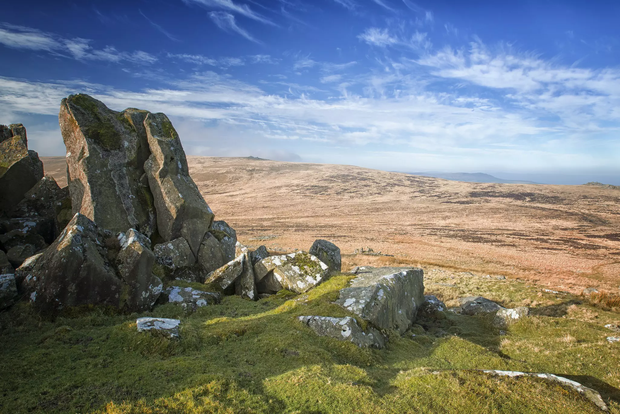 View over a rocky outcrop in Preseli National Park, Wales.