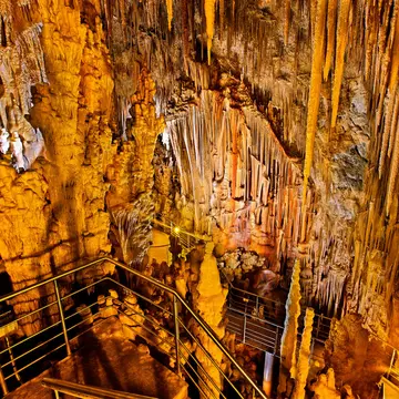 View of mineral formations in Kastania Cave in Greece.