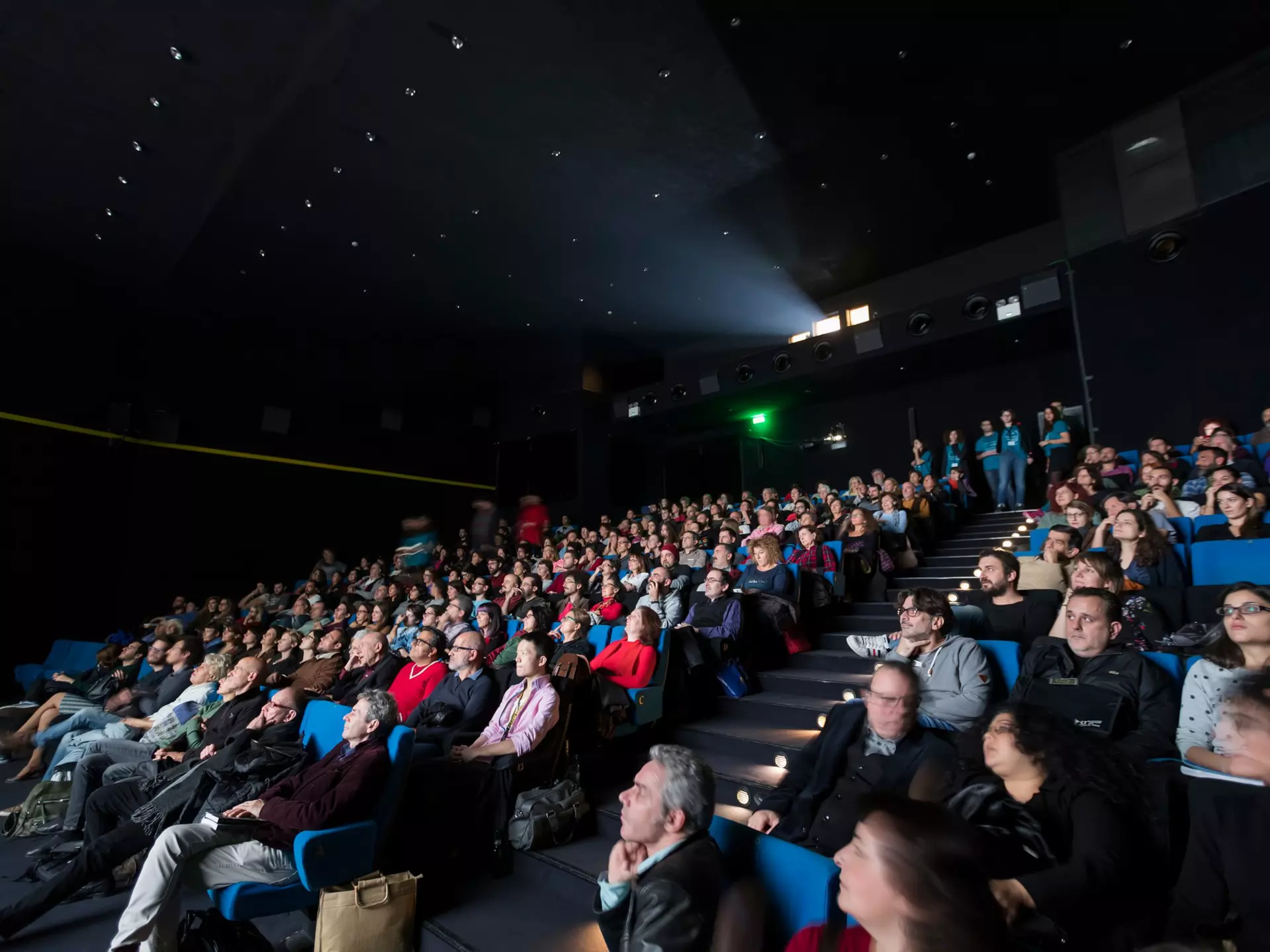 People seated in a raked cinema watch a film screening.