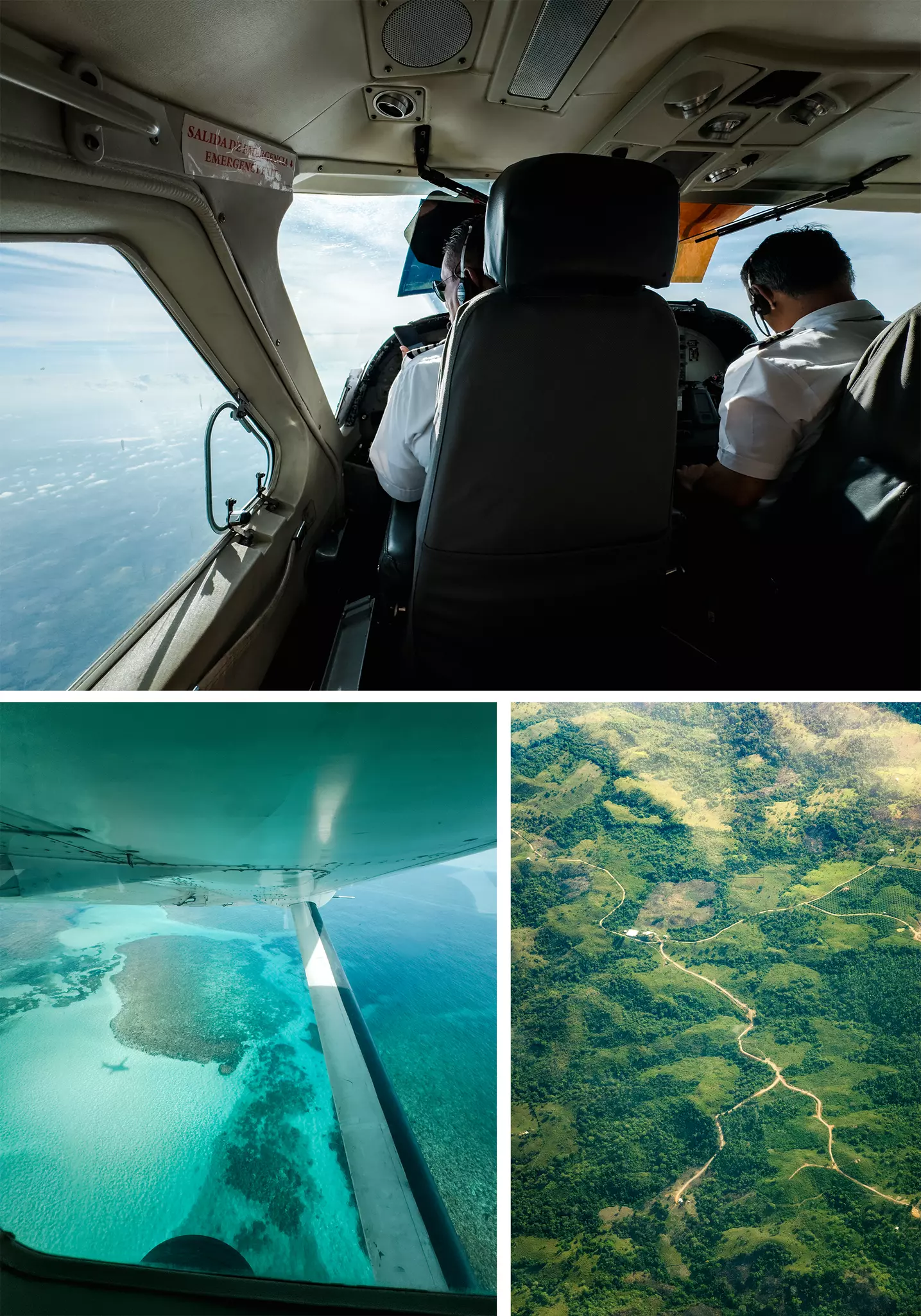 From the top, in a clockwise direction: Two pilots fly a small plane over the ocean; narrow roads weave through countryside covered in woodland; the wing of a small plane with coral reefs below and the plane's shadow on the surface of the ocean.