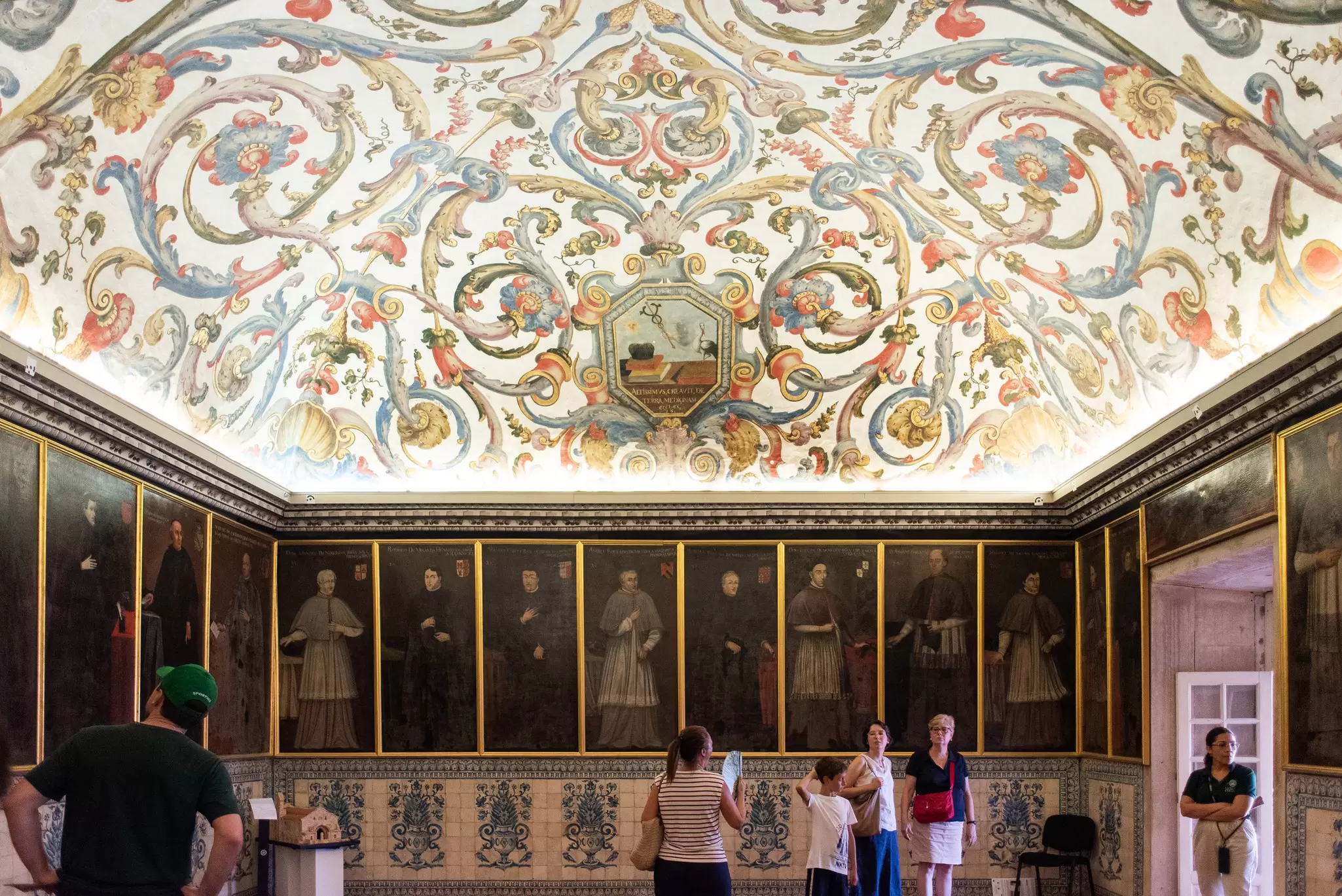 View of paintings and decorations of the private examination hall inside the University of Coimbra in Portugal.