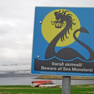 A blue road sign with a black serpent against a yellow moon, a misty fjord and red-roofed farm building below.