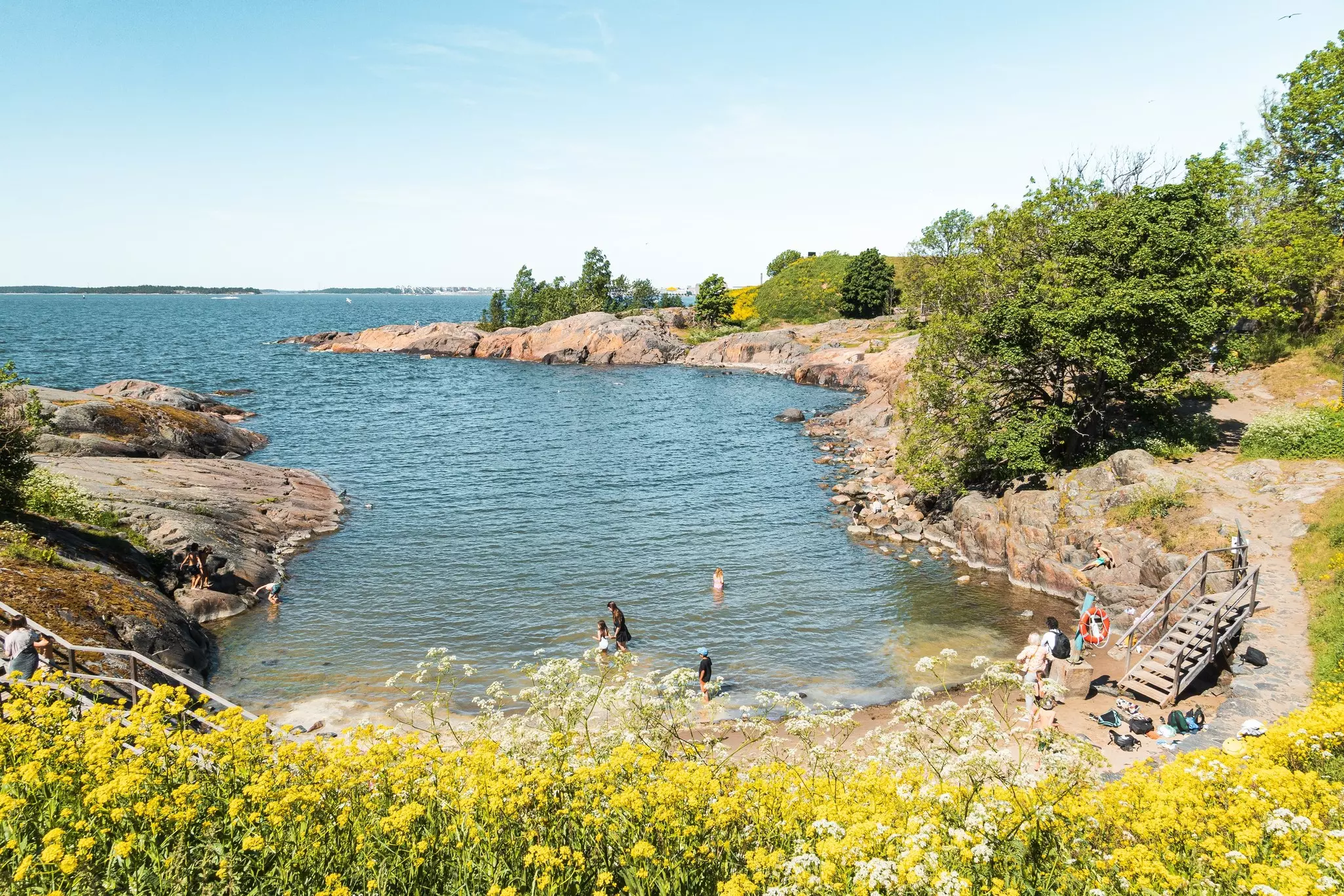 People swim in the shallow waters of a sheltered bay. Yellow rapeseed blooms on the nearby cliffs.