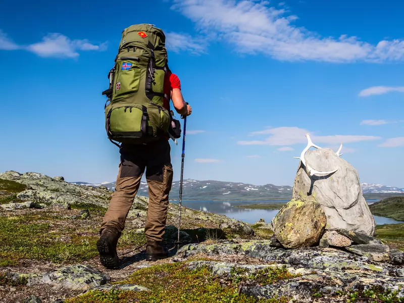 A hiker in a mountainous landscape passes a rock with bleached antlers.