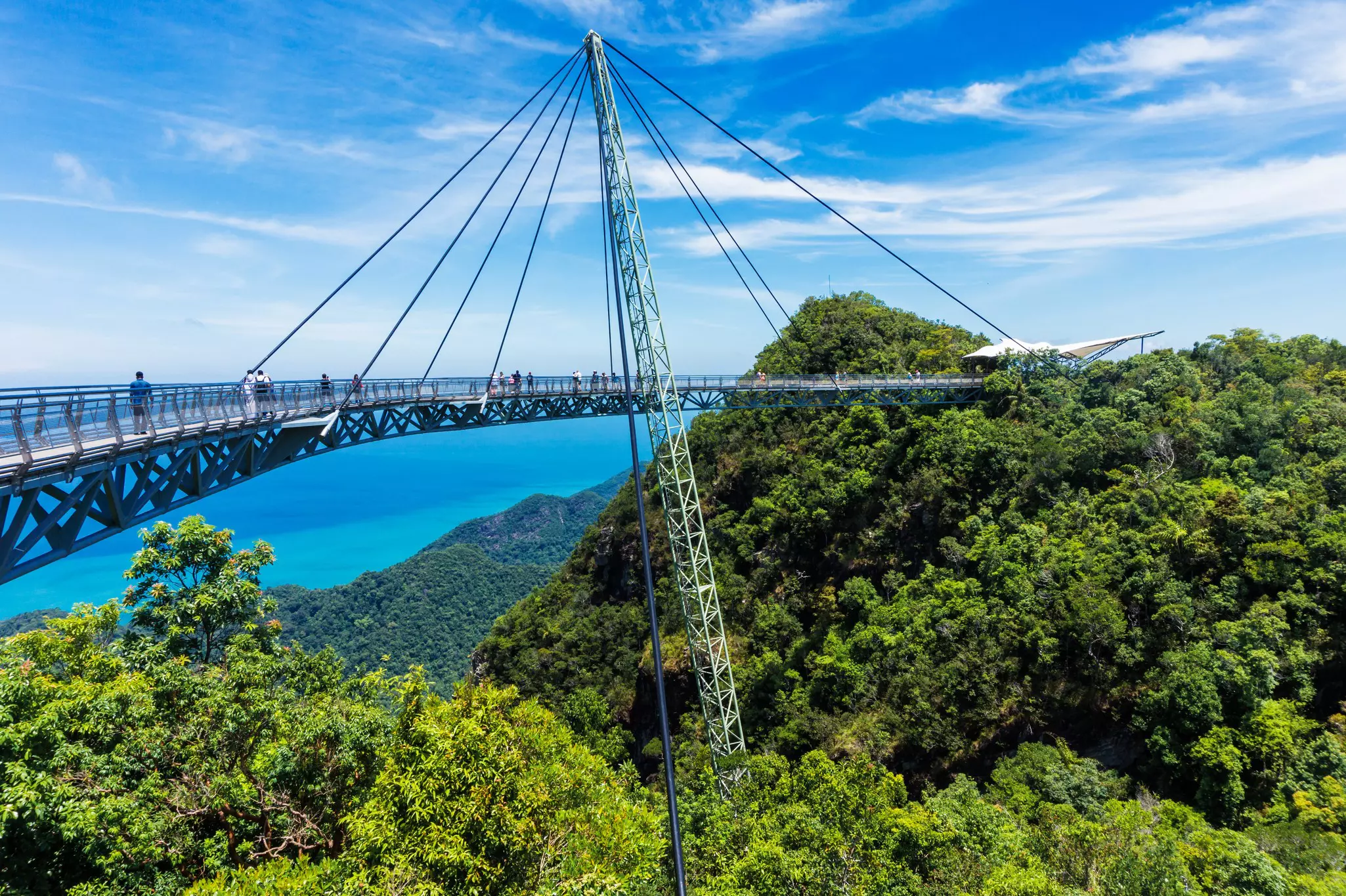 The sky bridge on Langkawi Island atop water and tree-covered mountains