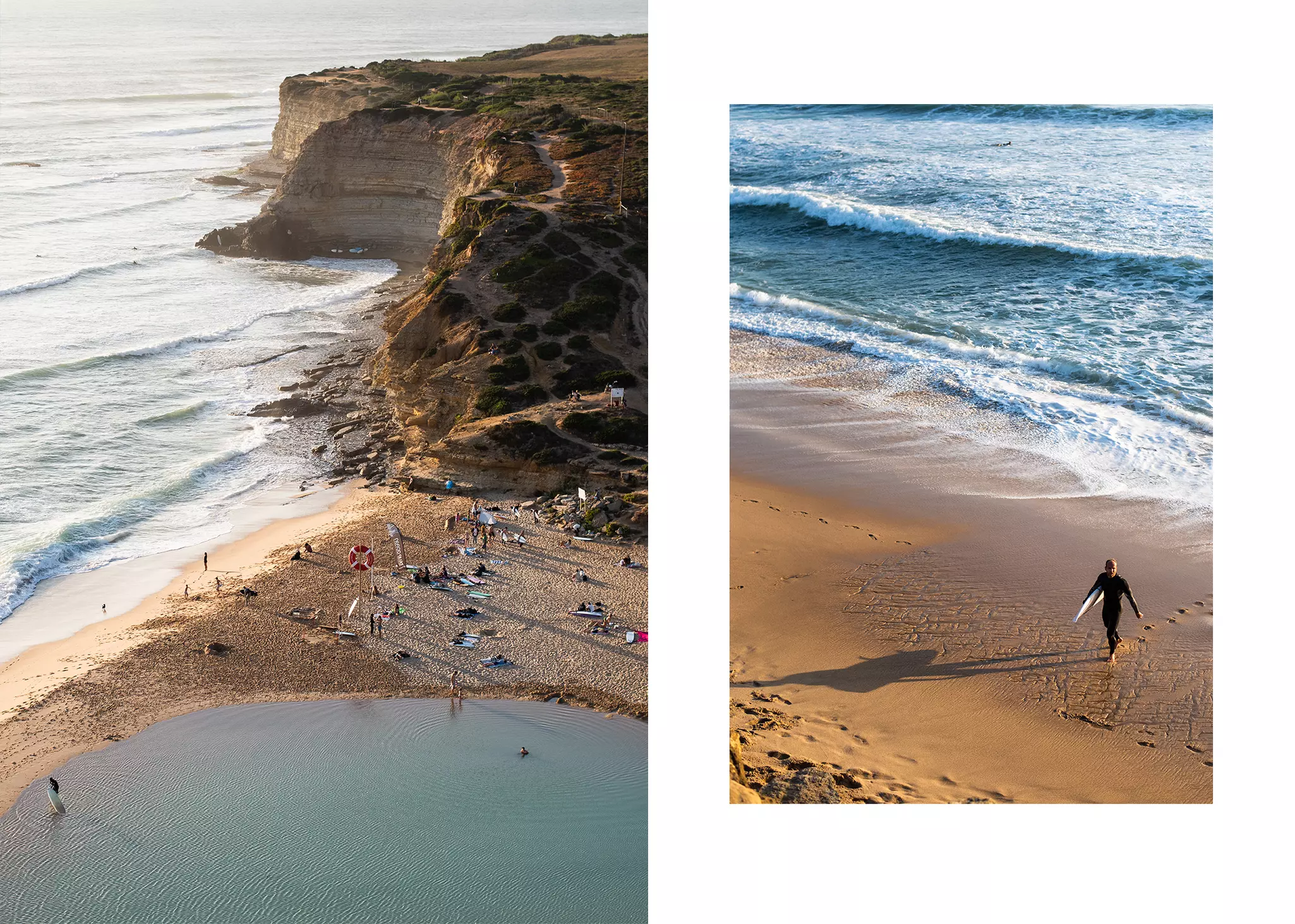 Left: A busy beach cove with cliffs nearby. Right: Surfer walking out of the ocean leaving footprints on the sandy beach.