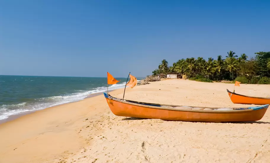 Orange wooden fishing boats flying saffron flags on a sandy beach near Mangaluru, India, with surf and coconut palms