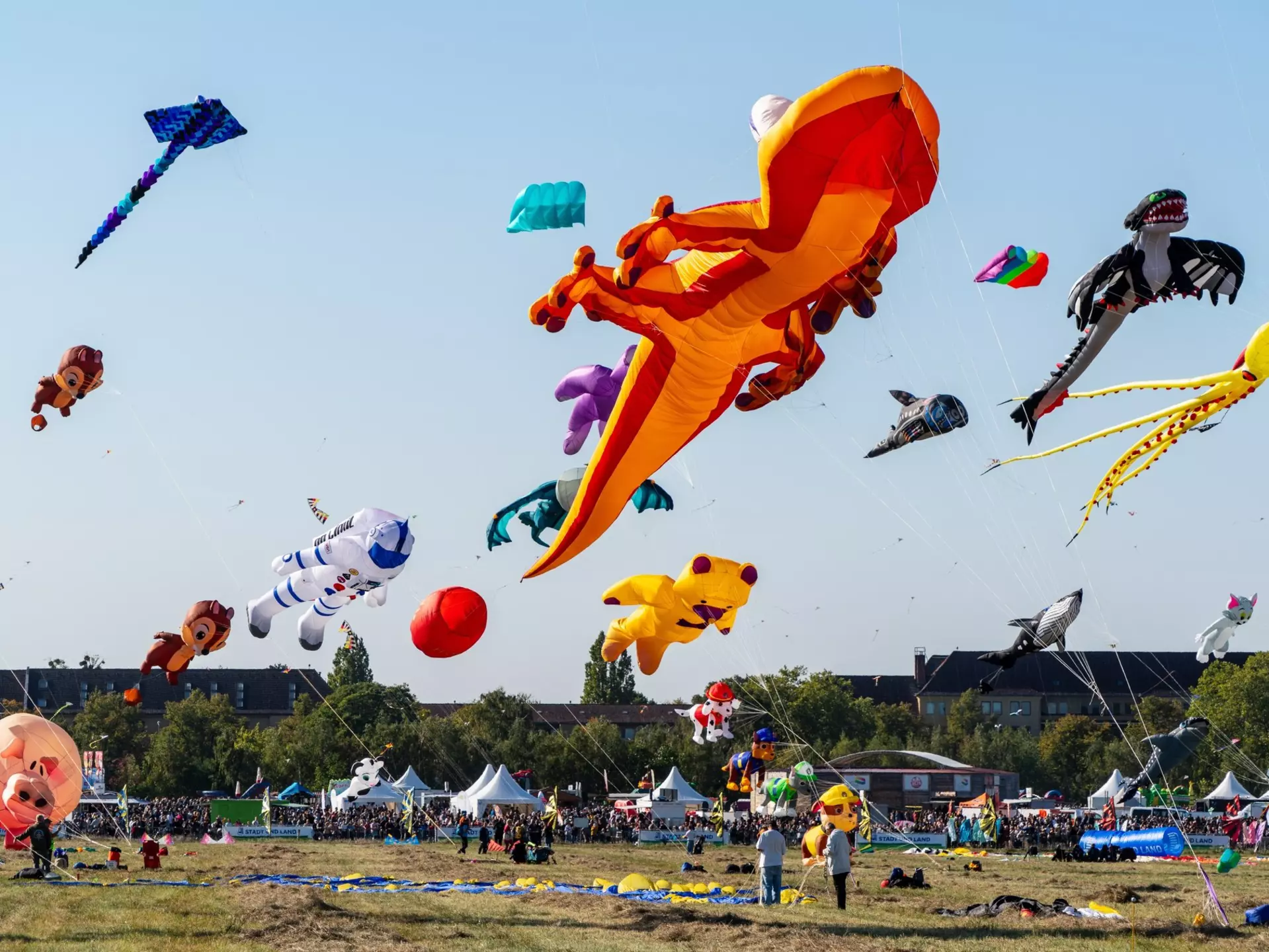 People fly extra-large kites in various shapes, including astronaut, pig, and dragon, at a grassy park on a sunny day.