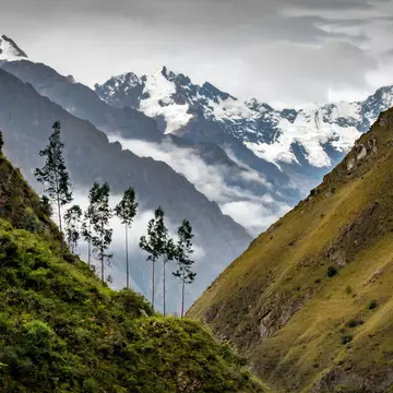 View of snow capped mountains from the Inca Trail. 