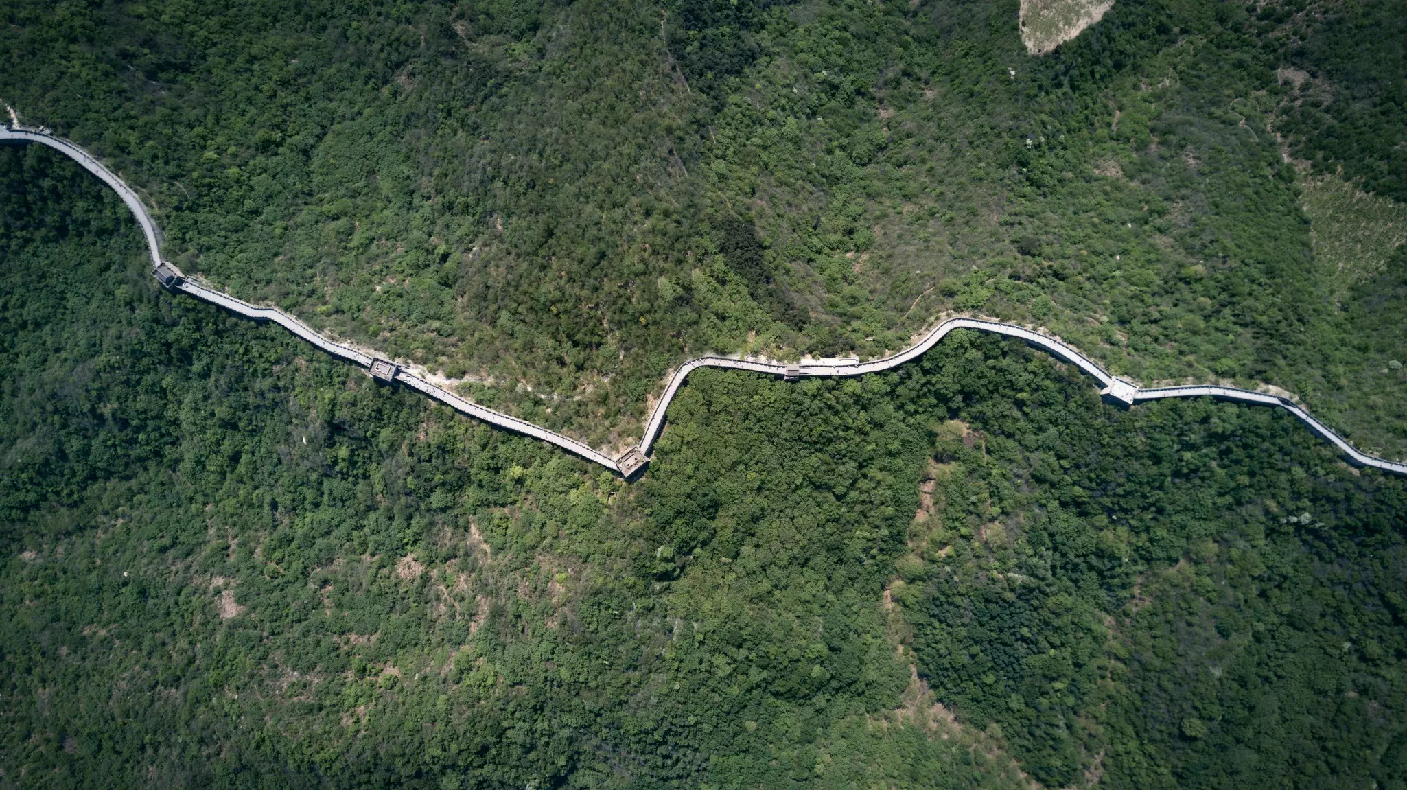 Bird's eye view of the Great Wall of China surrounded by green trees.