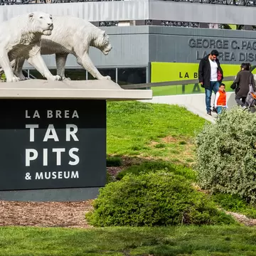 LOS ANGELES, CALIFORNIA - FEBRUARY 19, 2017:  LOS ANGELES, CALIFORNIA - FEBRUARY 19, 2017:  Statue of saber tooth tigers on entrance sign at the La Brea Tar Pits, Ice Age excavation site/museum., License Type: media, Download Time: 2026-08-05T15:15:58.000Z, User: LP_NZhan, Editorial: true, purchase_order: 65050 - Digital Destinations and Articles, job: App Content, client: Lonely Planet App, other: Nadine Zhan 