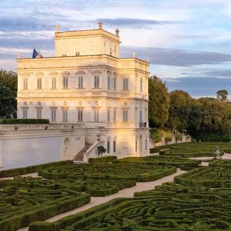 The ornate building of the Casino del Bel Respiro and the Giardino Segreto parterre. 