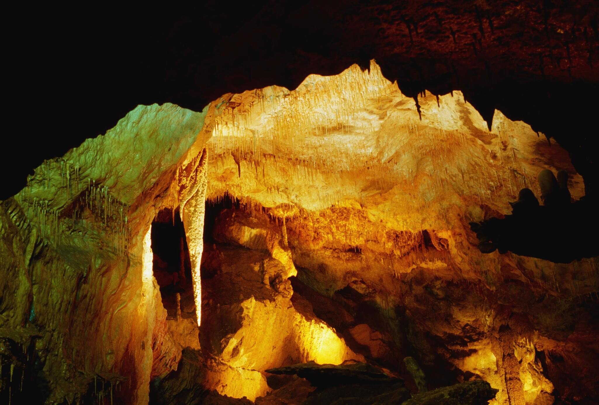 Interior detail of Crag Cave, Castleisland, Co Kerry, Ireland. Green and yellow lighting with deep shadows.